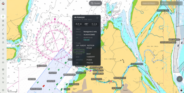 Mapa real do RAN com embarcações, cartas náuticas e informações de navegação